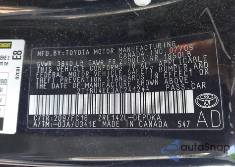 2010 Toyota Corolla Le/S/Xle z USA, uszkodzony, nr VIN 2T1BU4EE3AC241244